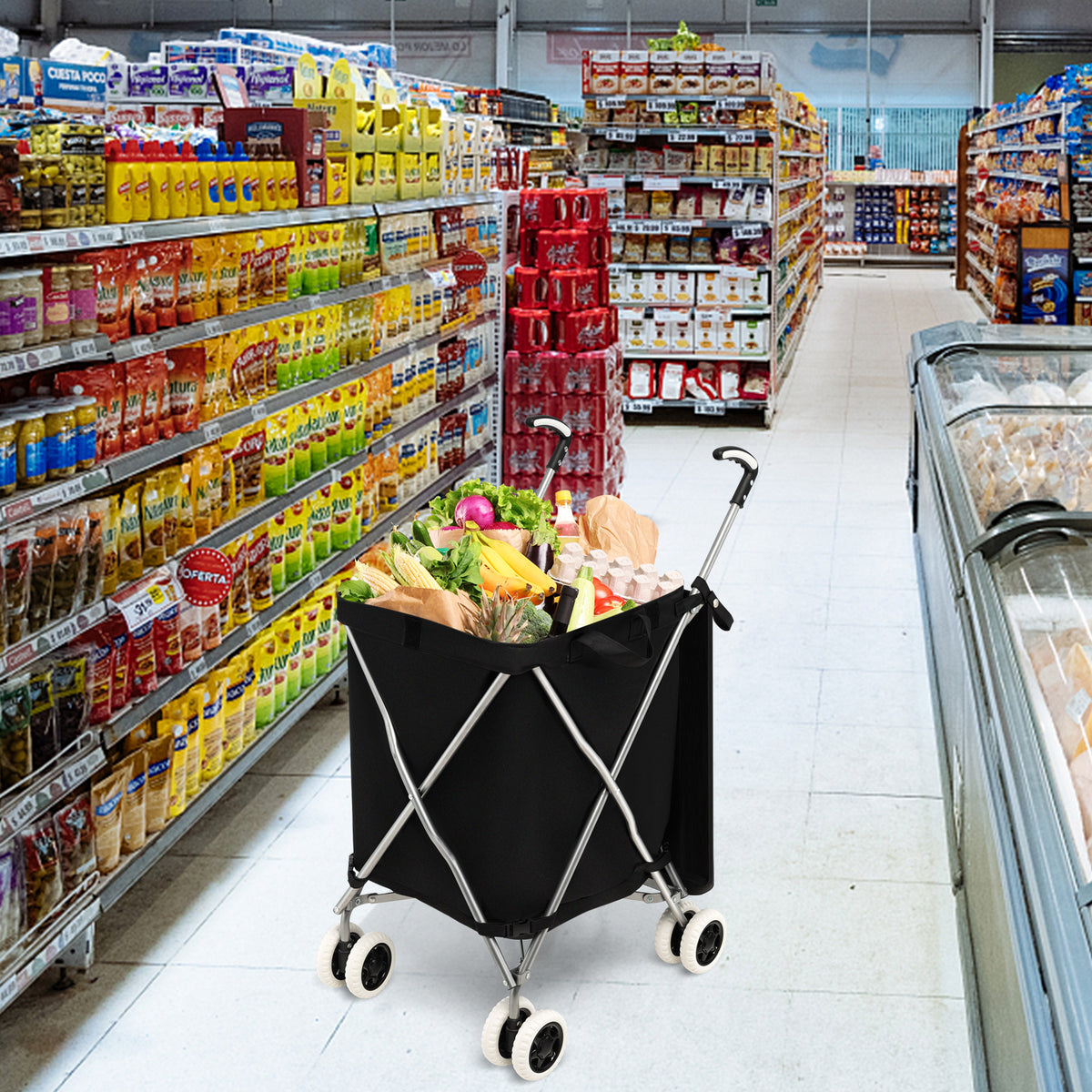 The shopping tote filled with groceries standing in a supermarket aisle