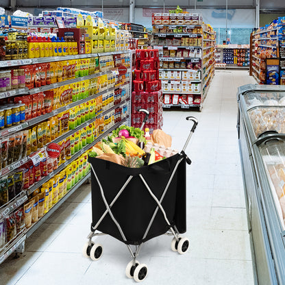 The shopping tote filled with groceries standing in a supermarket aisle