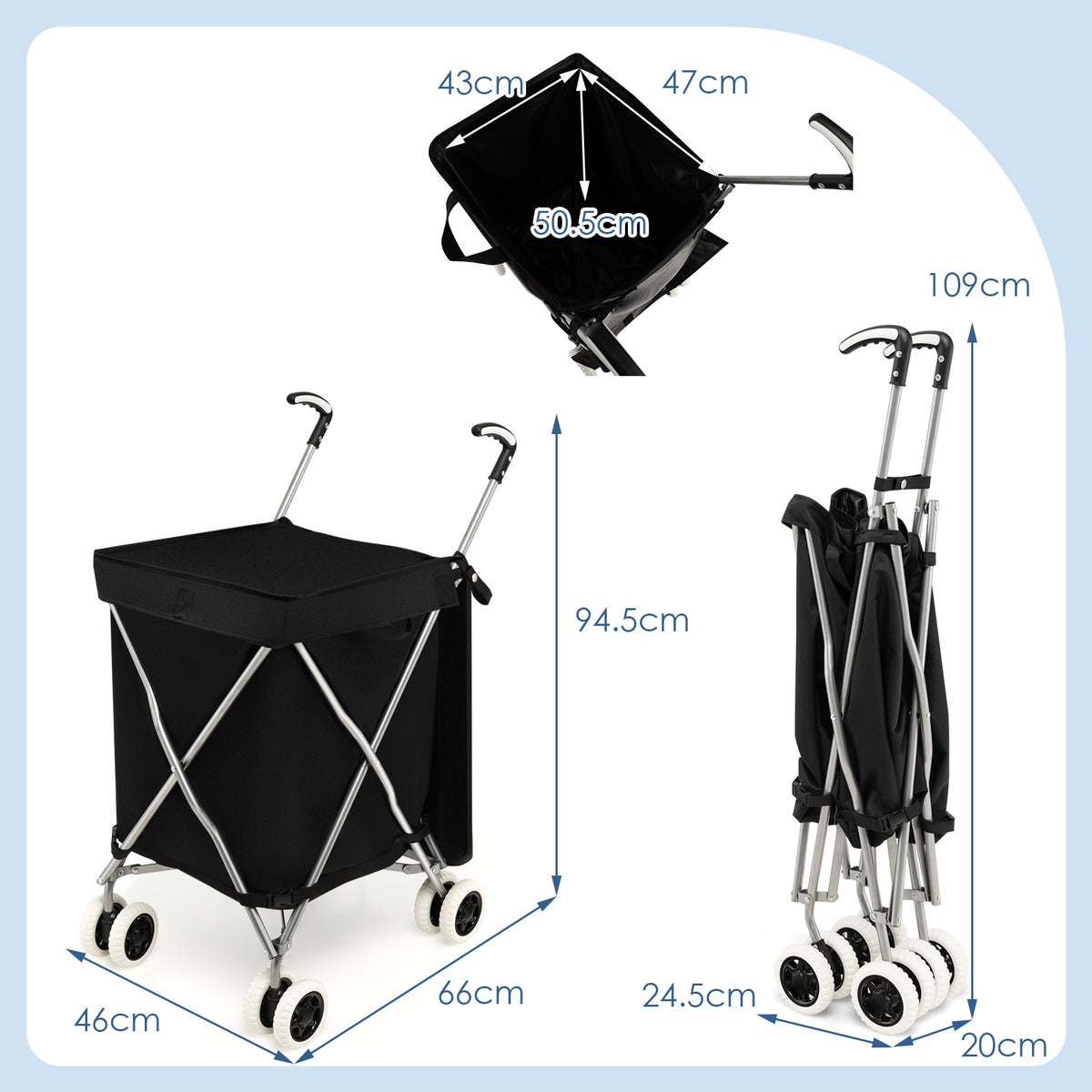 The shopping tote with various dimension lines indicating its height and width
