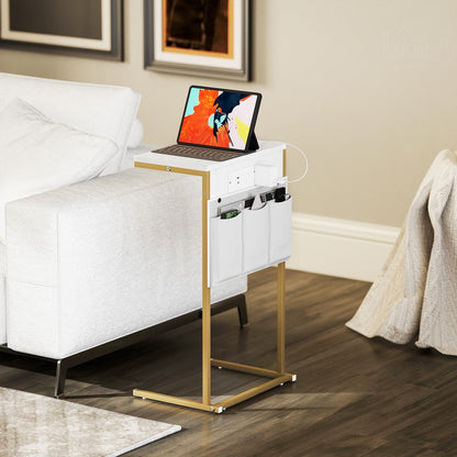 HOMCOM C-Shaped Bedside Table with Charging Station in White