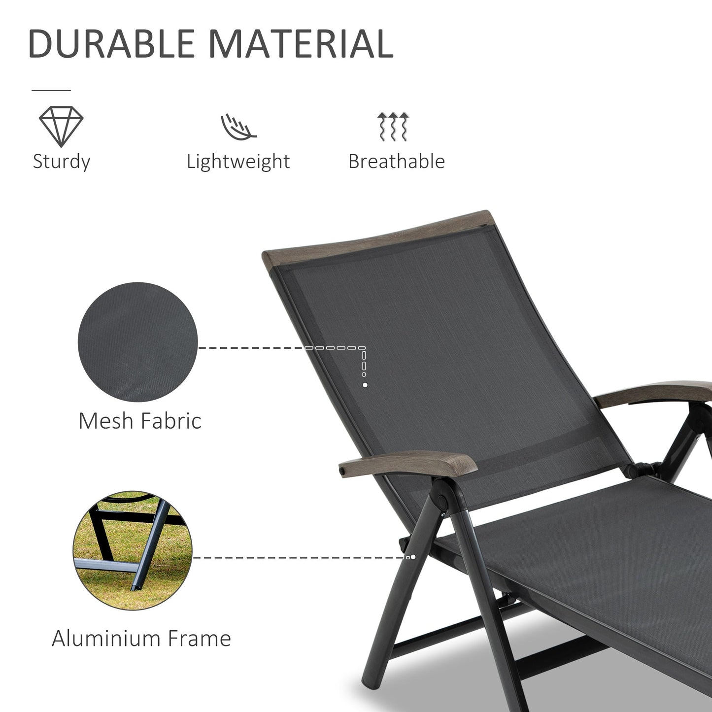 Outsunny Set of 2 Outdoor Folding Sun Loungers, 5-Position Adjustable Chaise Lounge Chairs with Aluminium Frame for Patio, Garden, Grey