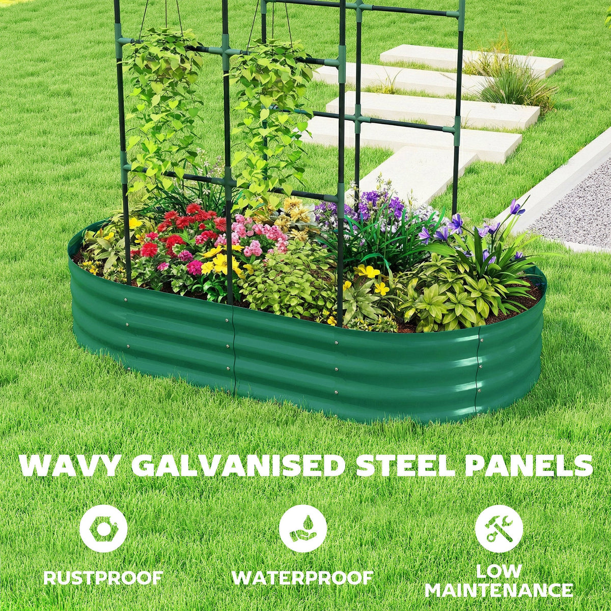 Outsunny Galvanised Raised Garden Bed with Arched Trellis, 5 x 3 x 6ft Metal Raised Bed for Garden with Open Bottom, Green