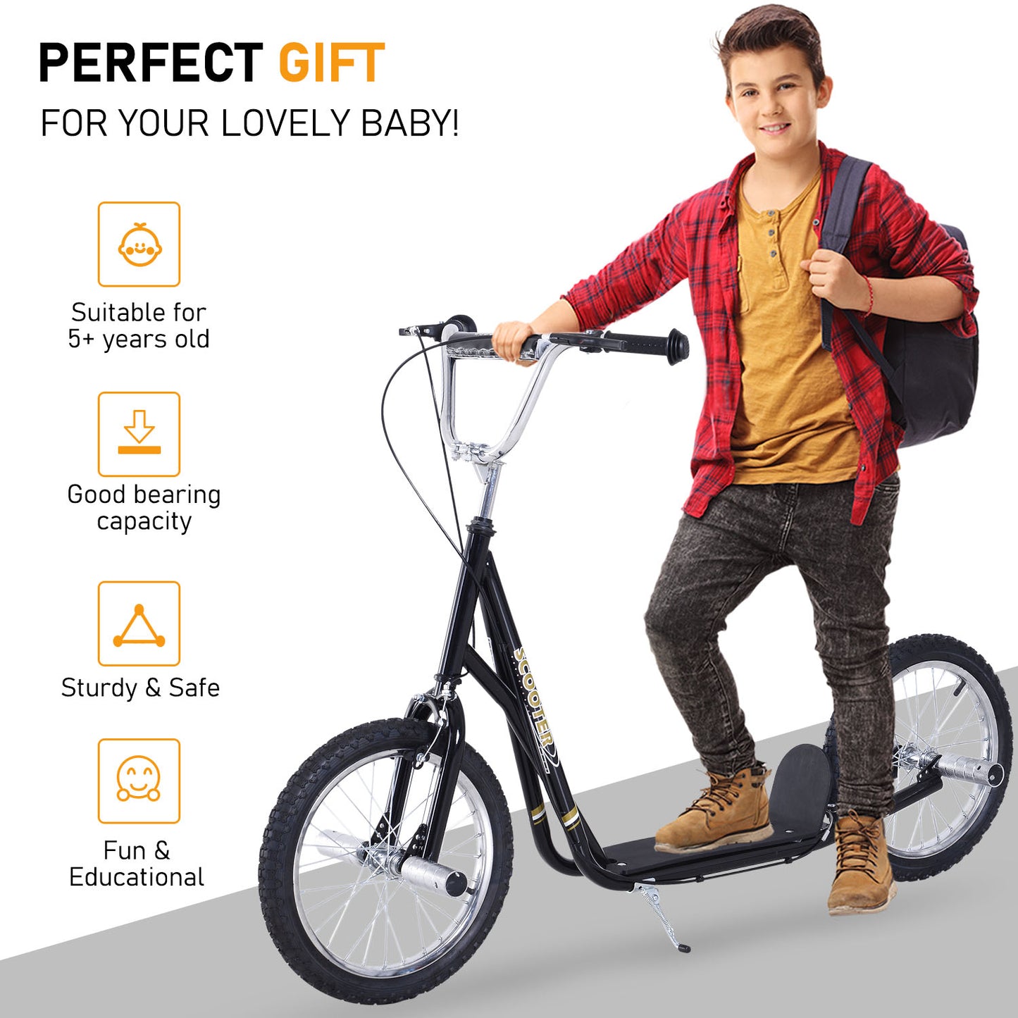 HOMCOM Stunt Scooter, Kids Scooter with 16" Big Wheels, Adjustable Height, Dual Brakes, for Ages 5+ Years, Black