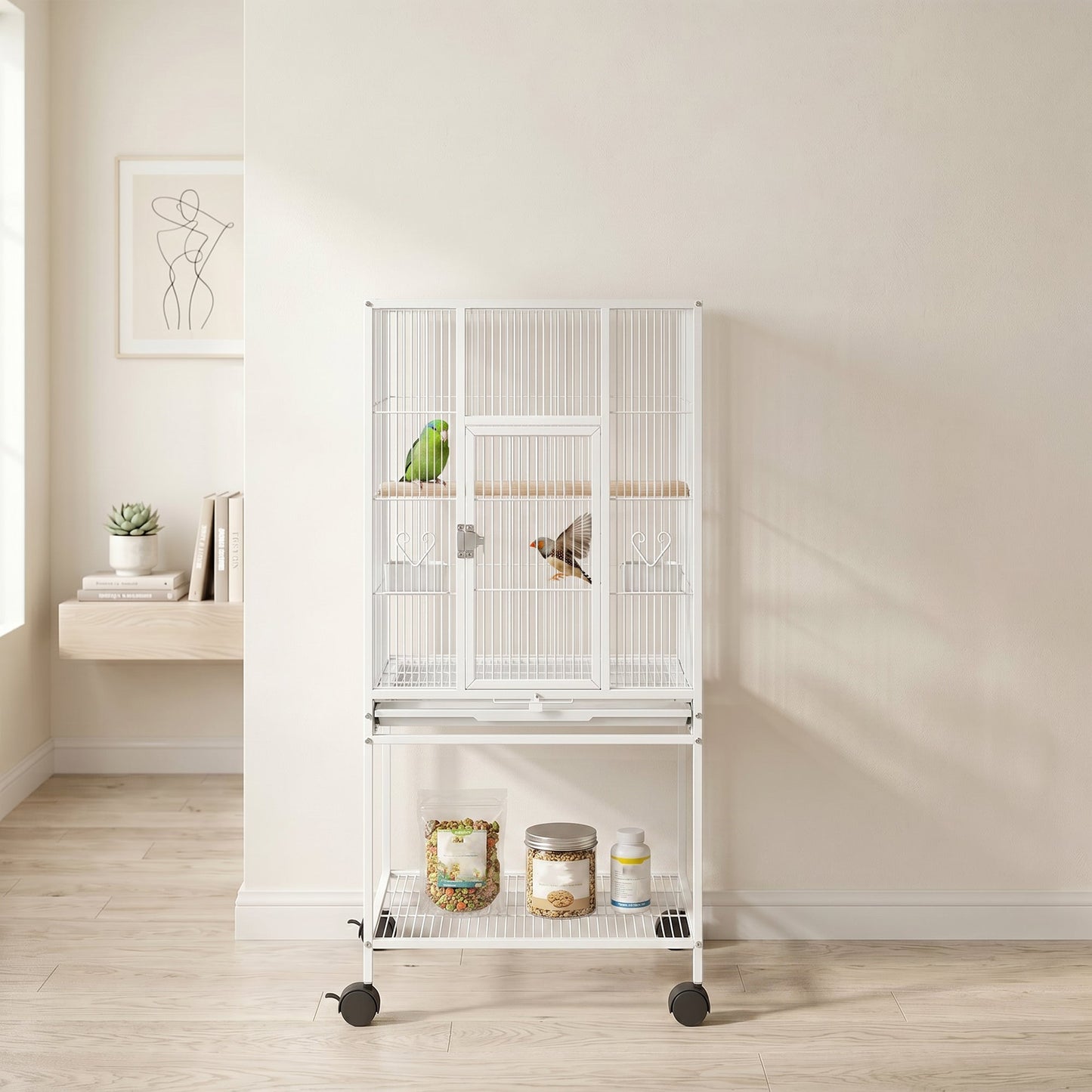 PawHut Bird Cage Detachable with Rolling Stand Parrot Cage with Storage Shelf White