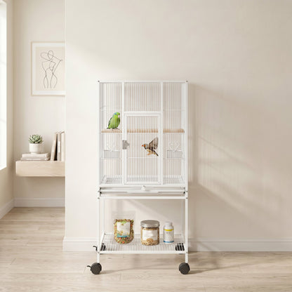 PawHut Bird Cage Detachable with Rolling Stand Parrot Cage with Storage Shelf White