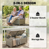 Outsunny 144 L Garden Storage Bench with Zipped Liner, 2 Seater Rattan Garden Bench with Storage, Gas Strut, Cushion, Light Grey