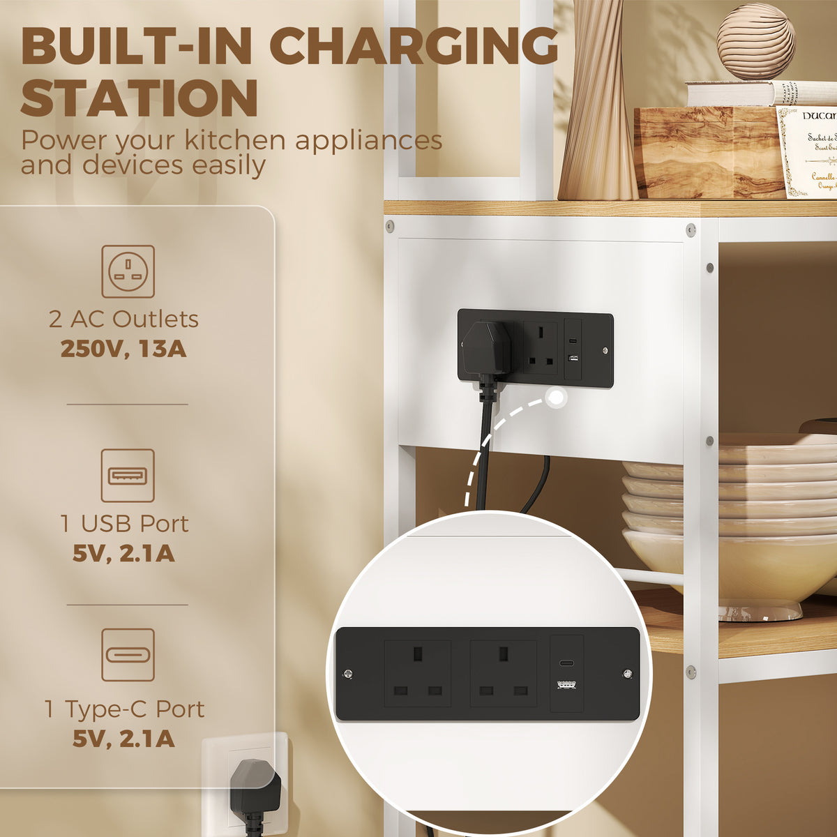 HOMCOM Kitchen Storage Rack with Power Outlet
