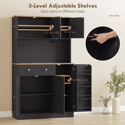 HOMCOM 173 cm Tall Kitchen Cupboard with Charging Station, Pantry Storage Cabinet with Adjustable Shelves and 4 Door Racks