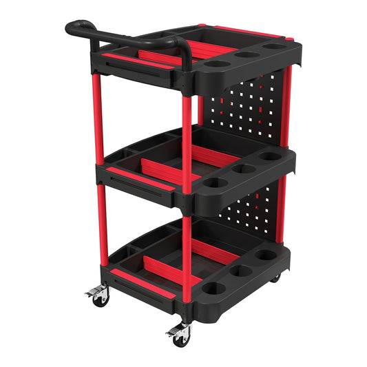 HOMCOM 3-Tier Rolling Tool Cart with Pegboard and Hooks, Storage Trolley Wheel Cart with Brakes, Black & Red