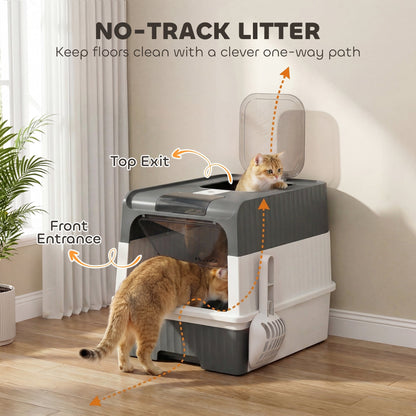 PawHut Enclosed Cat Litter Box with Lid, Pull-Out Drawer Tray, Scoop, 4 Deodorisation Bags, Front Entry & Top Exit, Grey