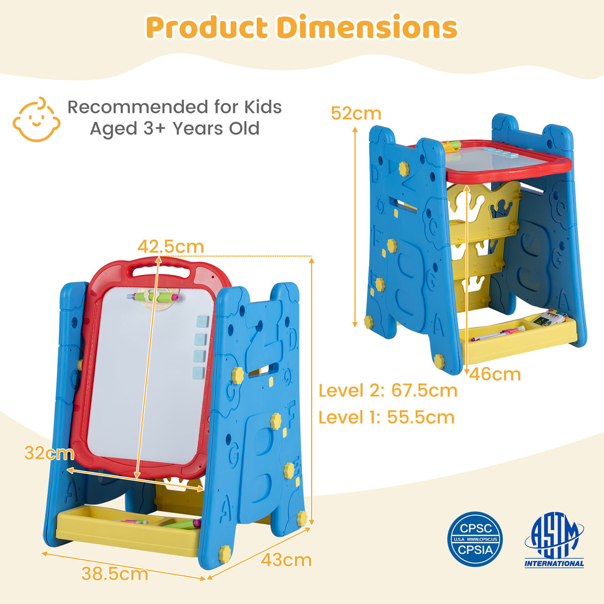 Dimensions of the art easel with measurements shown