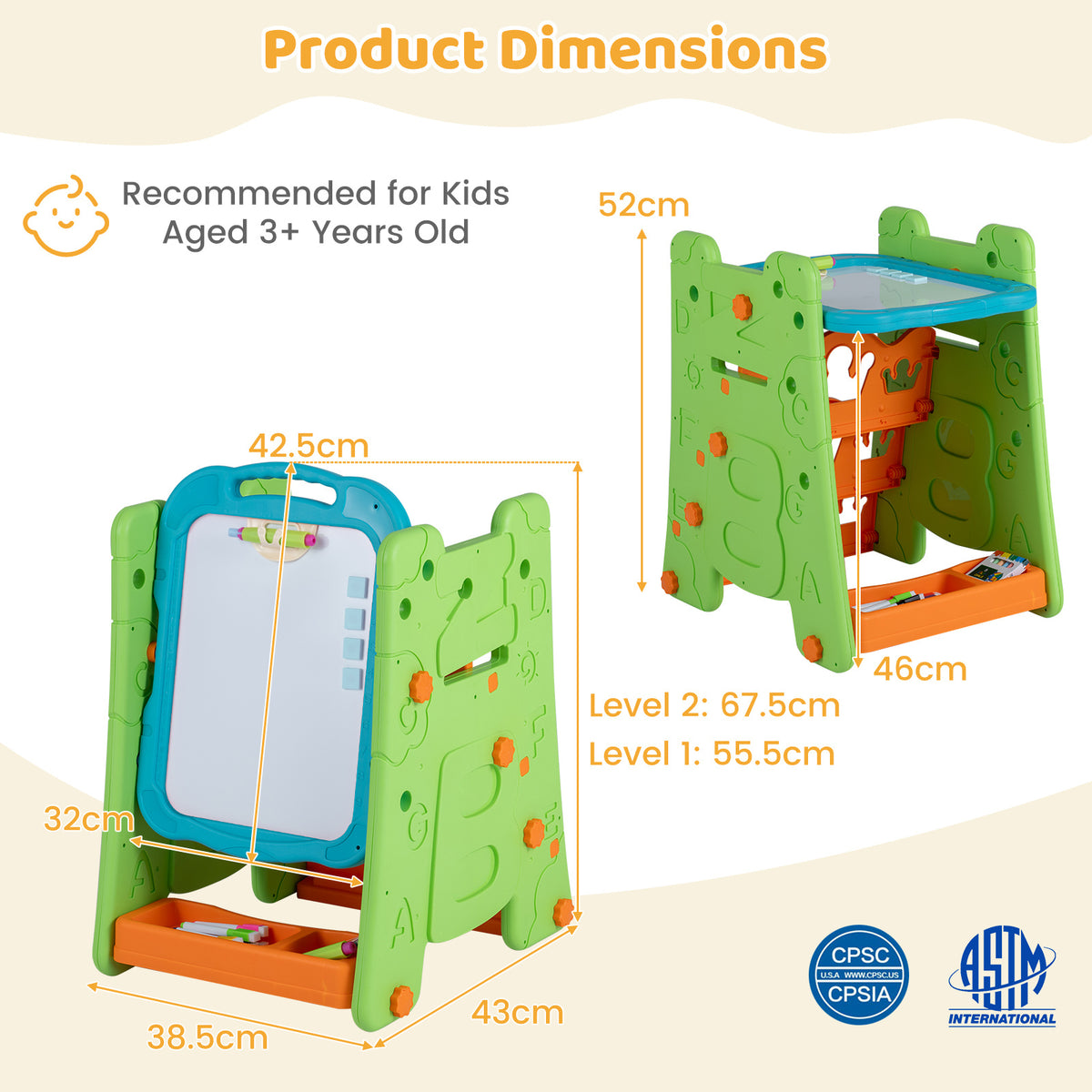 The art easel with various measurements and labels showing the product dimensions