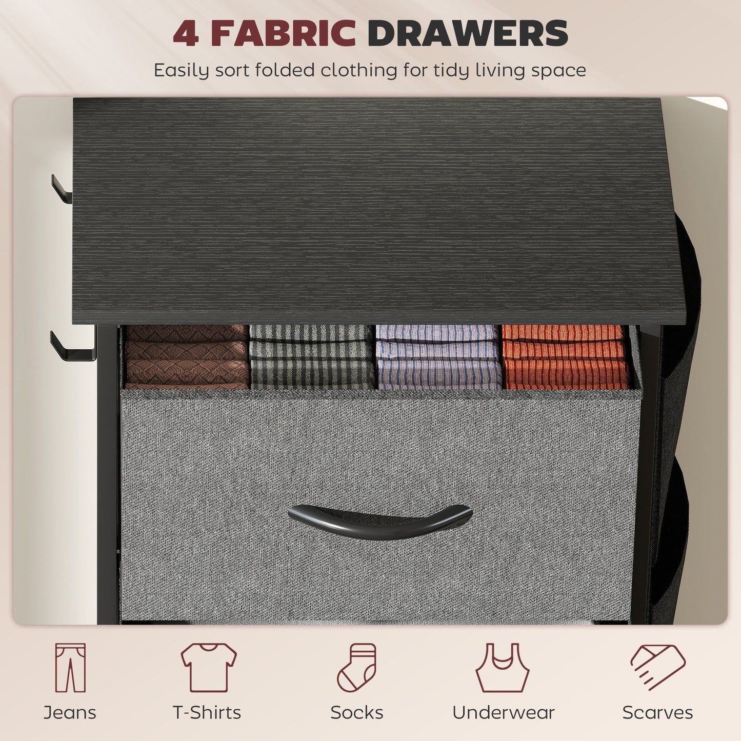 HOMCOM Chest of Four Fabric Drawers - Charcoal Grey
