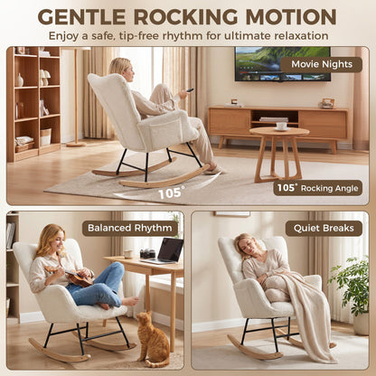 HOMCOM Rocking Chair, Teddy Fleece Rocker Chair with Tufted Wingback, Side Pockets, Rubber Wood Legs, Cream White