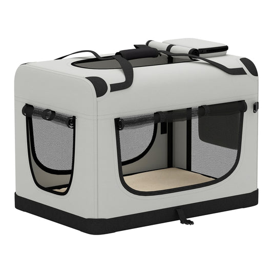 PawHut Pet Carrier Bag, Soft-Sided Dog Carrier with Security Buckle Strap, Washable Cushion and Folded Bowl, Light Grey