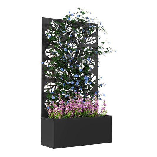Outsunny Outdoor Metal Planter with a decorative back trellis filled with colourful flowers