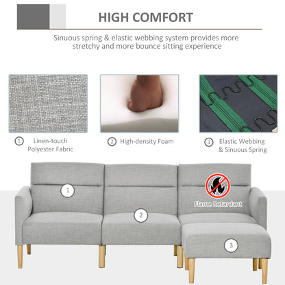 HOMCOM L Shape Sofa Bed Set, Linen Fabric Corner Sofa Bed with Rubber Wood Legs and Footstool, Light Grey