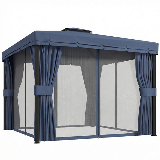 مظلة حديقة "أوت صني" بمقاس 3 × 3 متر، خيمة جناح حديقة بمظلة، مع سقف ذي طبقتين، وشباك وستائر، أزرق داكن.