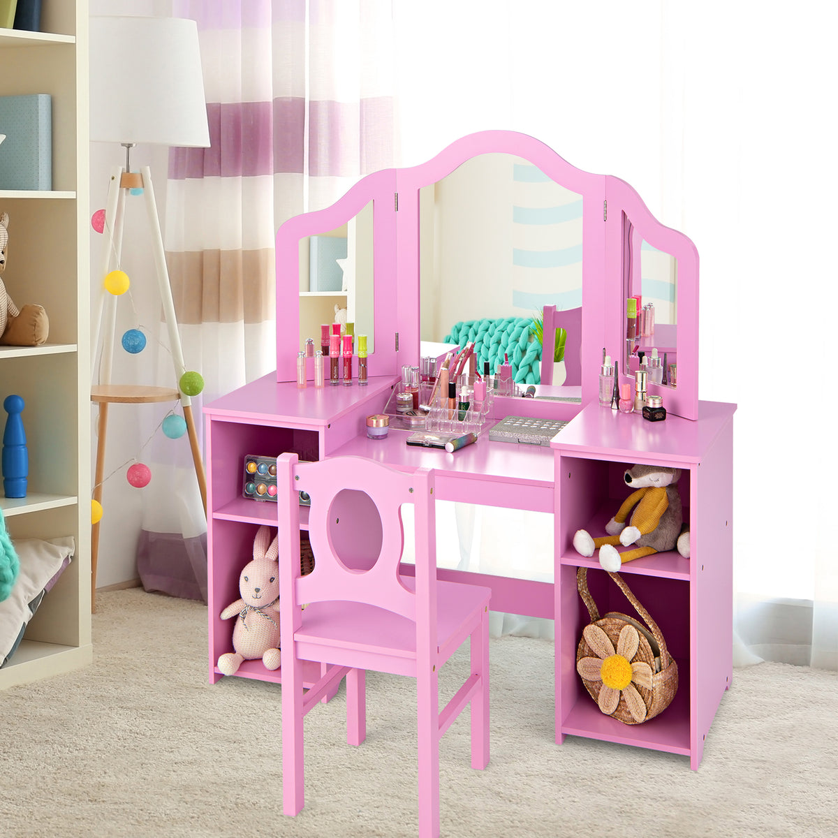 Kids Makeup Desk and Chair Set in Pink