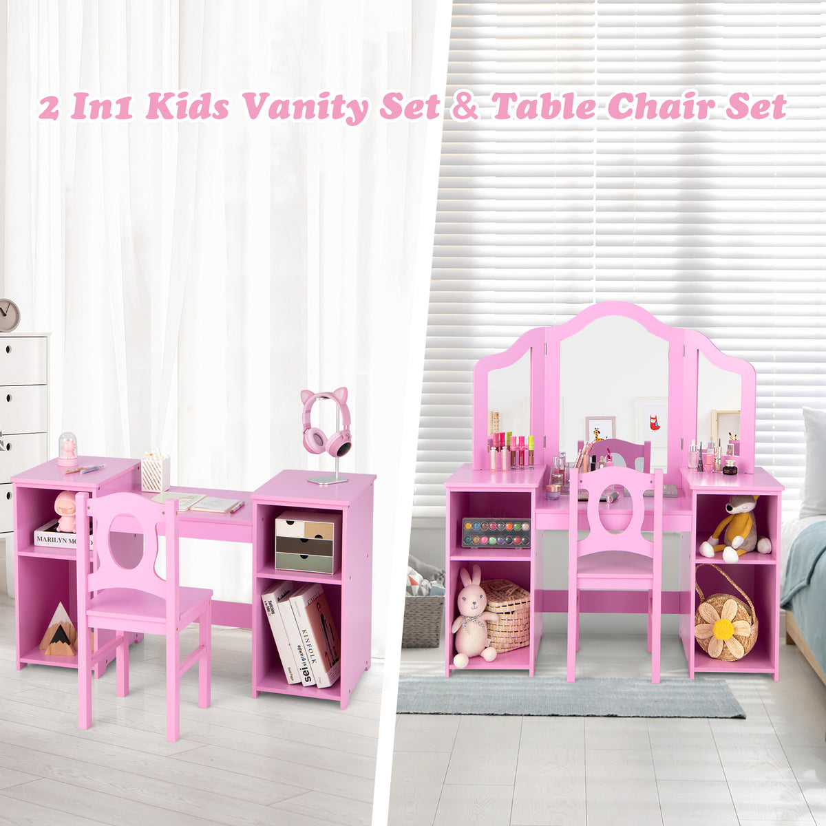 Kids Makeup Desk and Chair Set in Pink