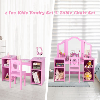 Kids Makeup Desk and Chair Set in Pink