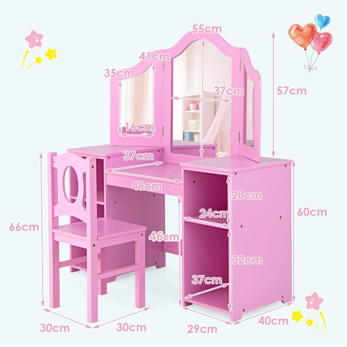 Kids Makeup Desk and Chair Set in Pink
