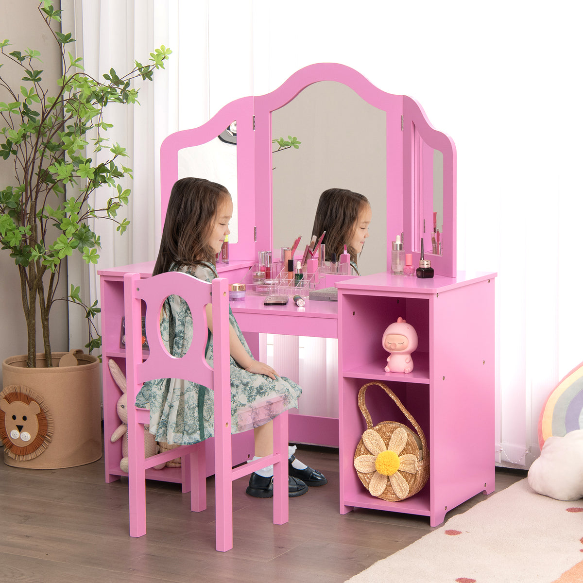 Kids Makeup Desk and Chair Set in Pink