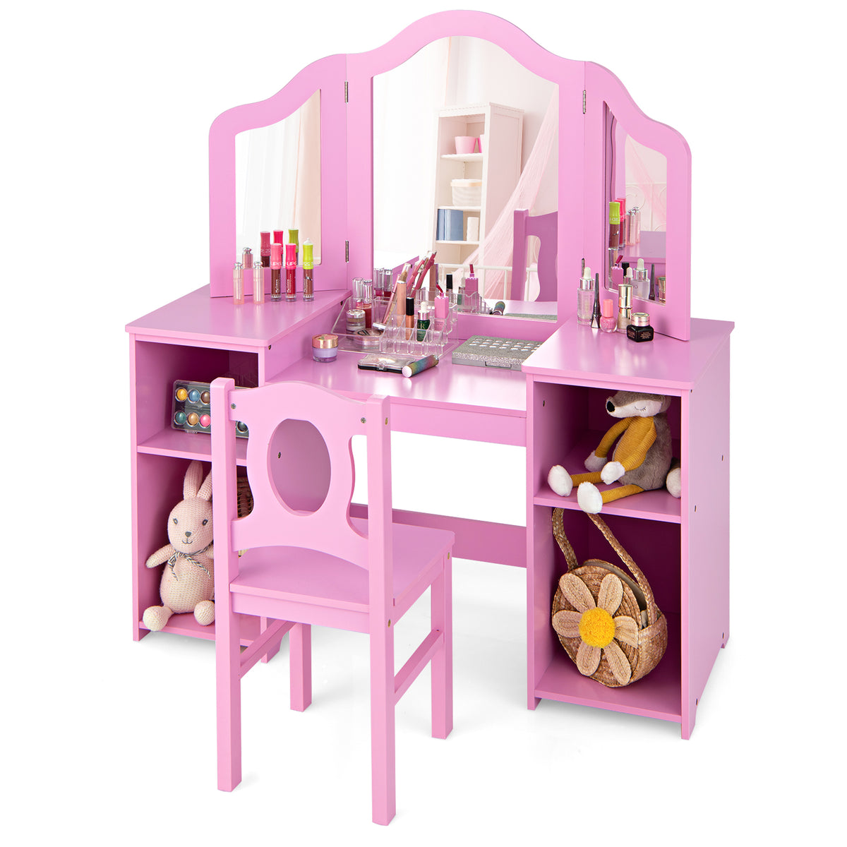 Kids Makeup Desk and Chair Set in Pink