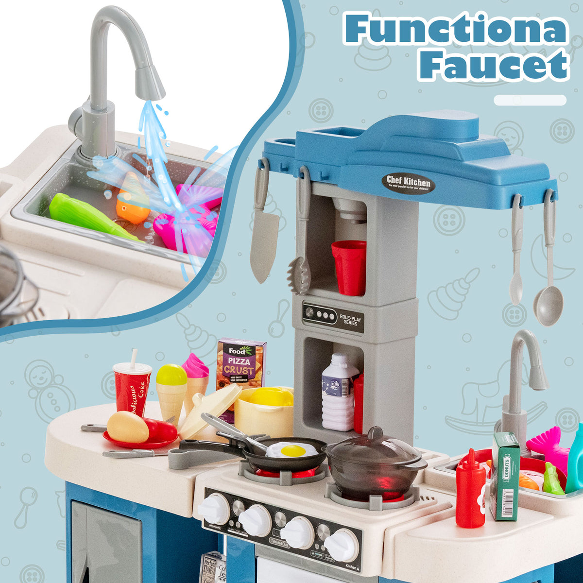 The play kitchen set with a close-up inset showing the working tap and water flow