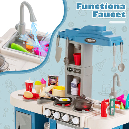 The play kitchen set with a close-up inset showing the working tap and water flow