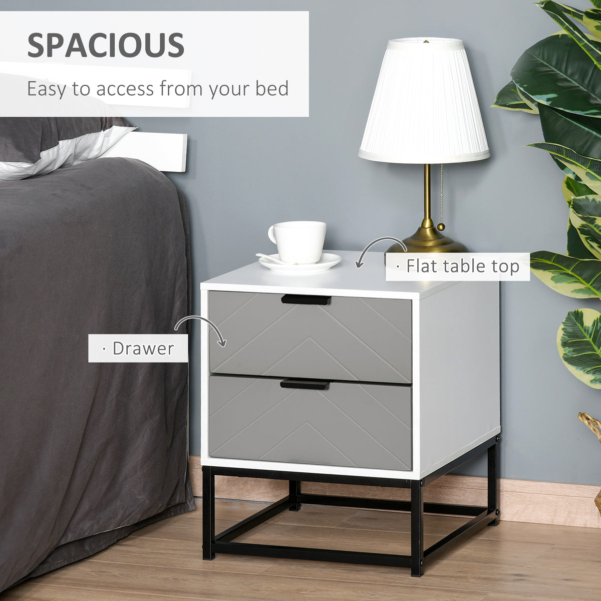 HOMCOM Bedside Cabinet with 2 Drawer Storage Unit in White and Grey and Black