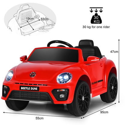 Red kids electric ride on car with dimensions shown in a diagram overlay