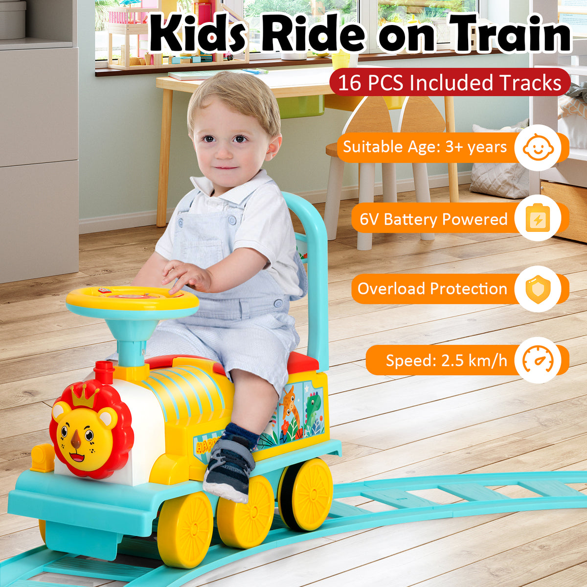 A blue kids ride on train with a child sitting in it, on a track