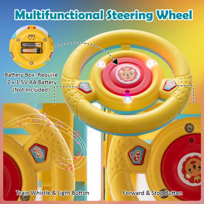 Close up of the steering wheel on the blue electric ride on train
