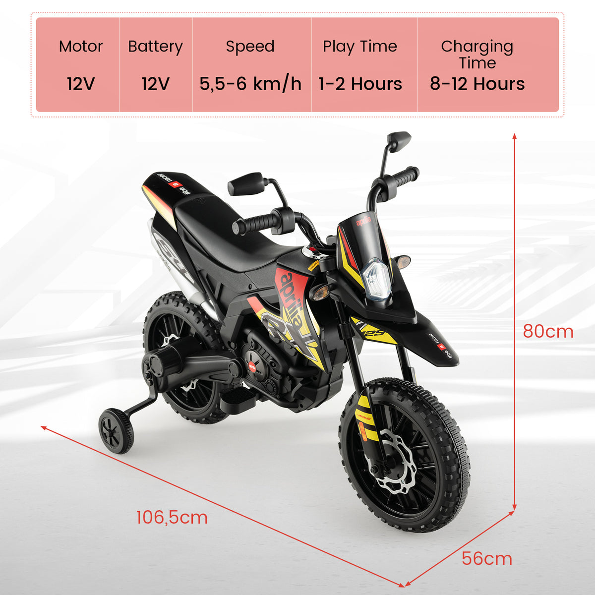 The kids electric motorbike shown with technical specifications and overall dimensions