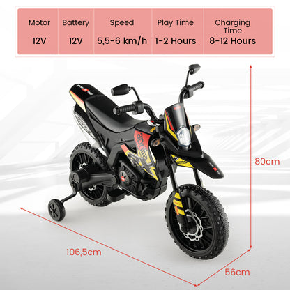 The kids electric motorbike shown with technical specifications and overall dimensions