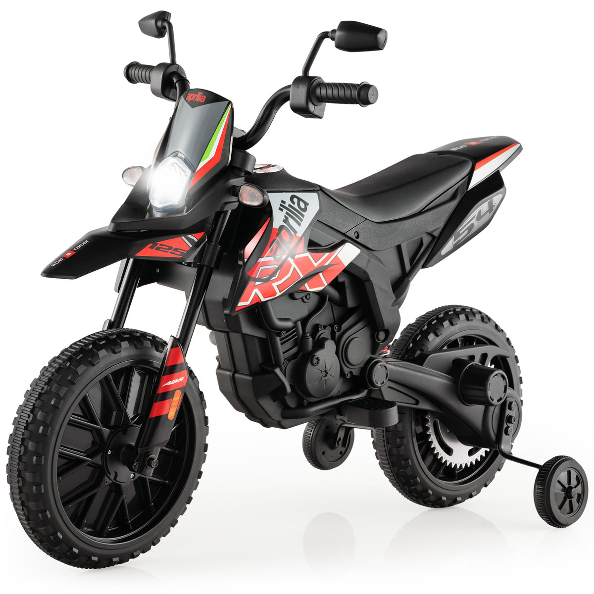 12V Battery Powered Toddler Motorbike in red with stabilisers and lights