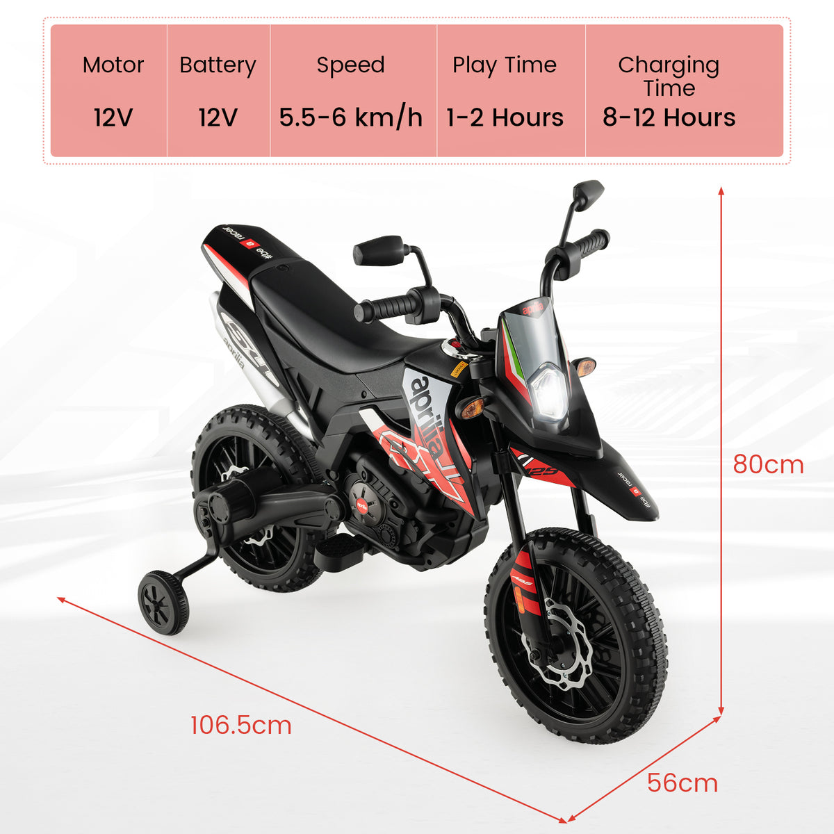 Red kids electric motorbike with dimensions shown
