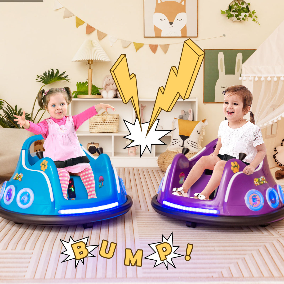 Two toddlers enjoying a ride on two kids electric cars, one purple and one blue, bumping into each other