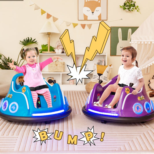 Two toddlers enjoying a ride on two kids electric cars, one purple and one blue, bumping into each other