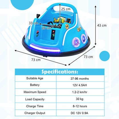 A blue kids electric bumper car with dimensions shown