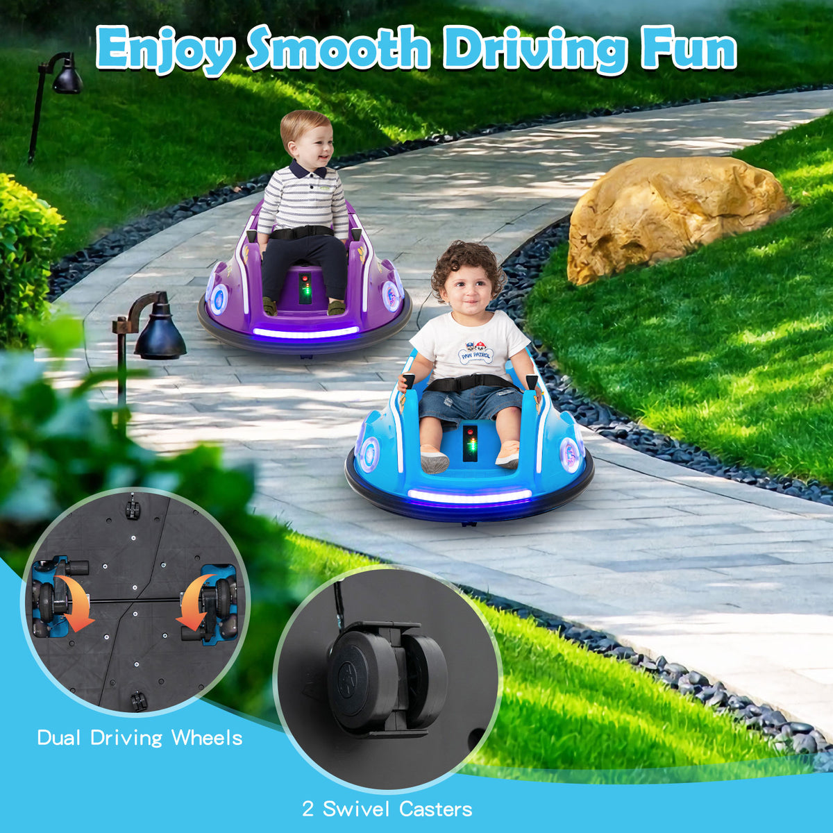Two kids electric bumper cars driving on a path in a garden