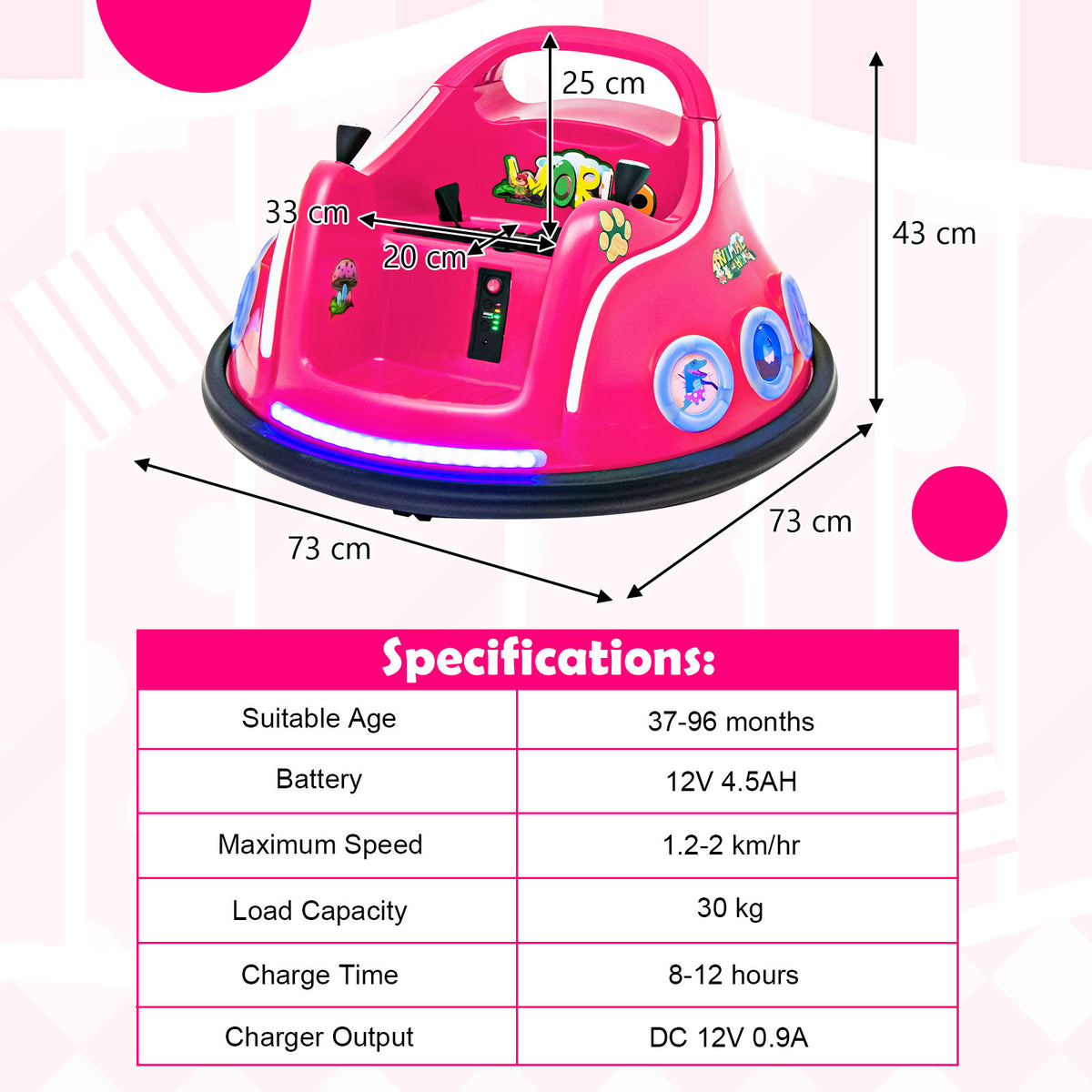 Dimensions of the pink kids electric car with specifications table