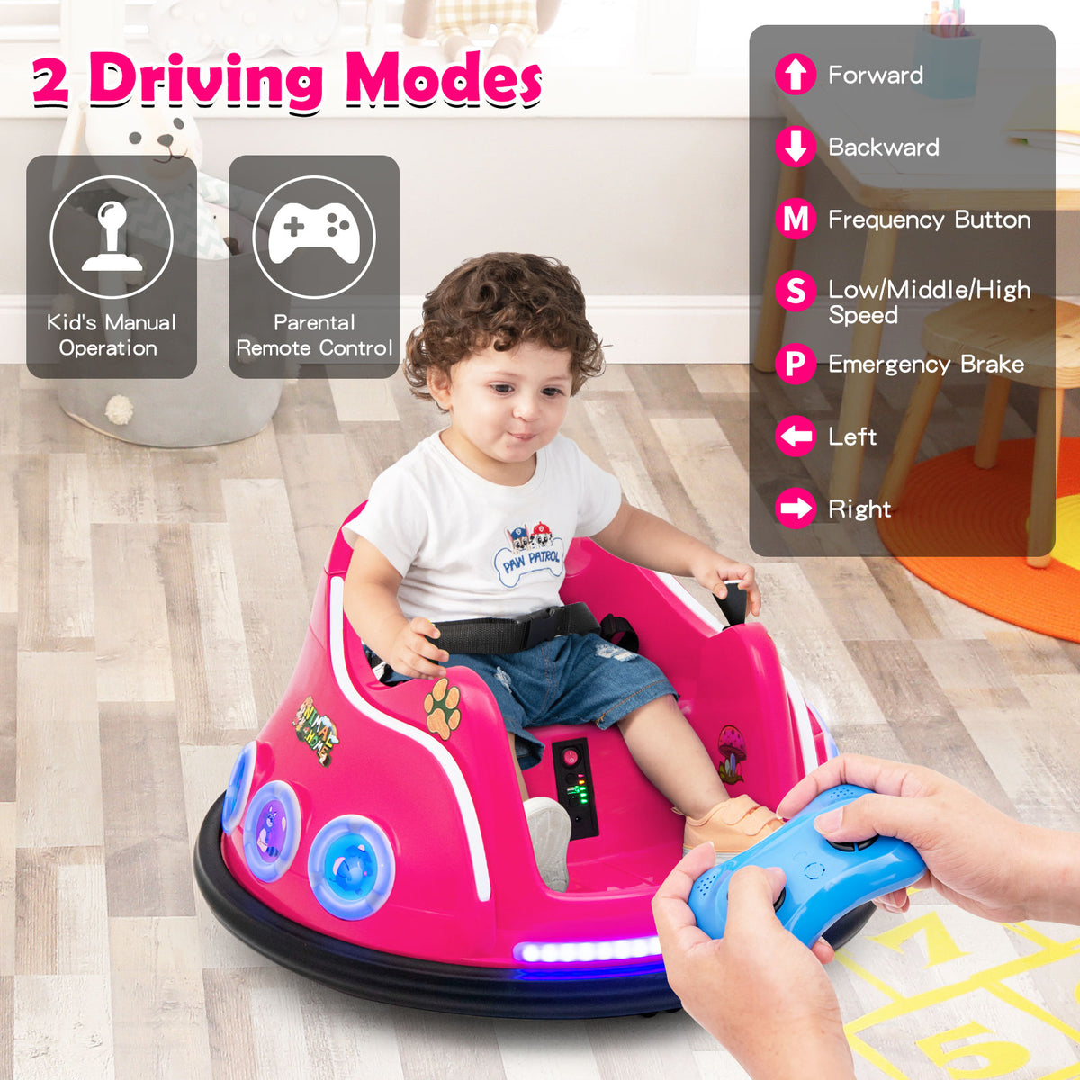 Toddler holding a remote control for a pink kids electric car