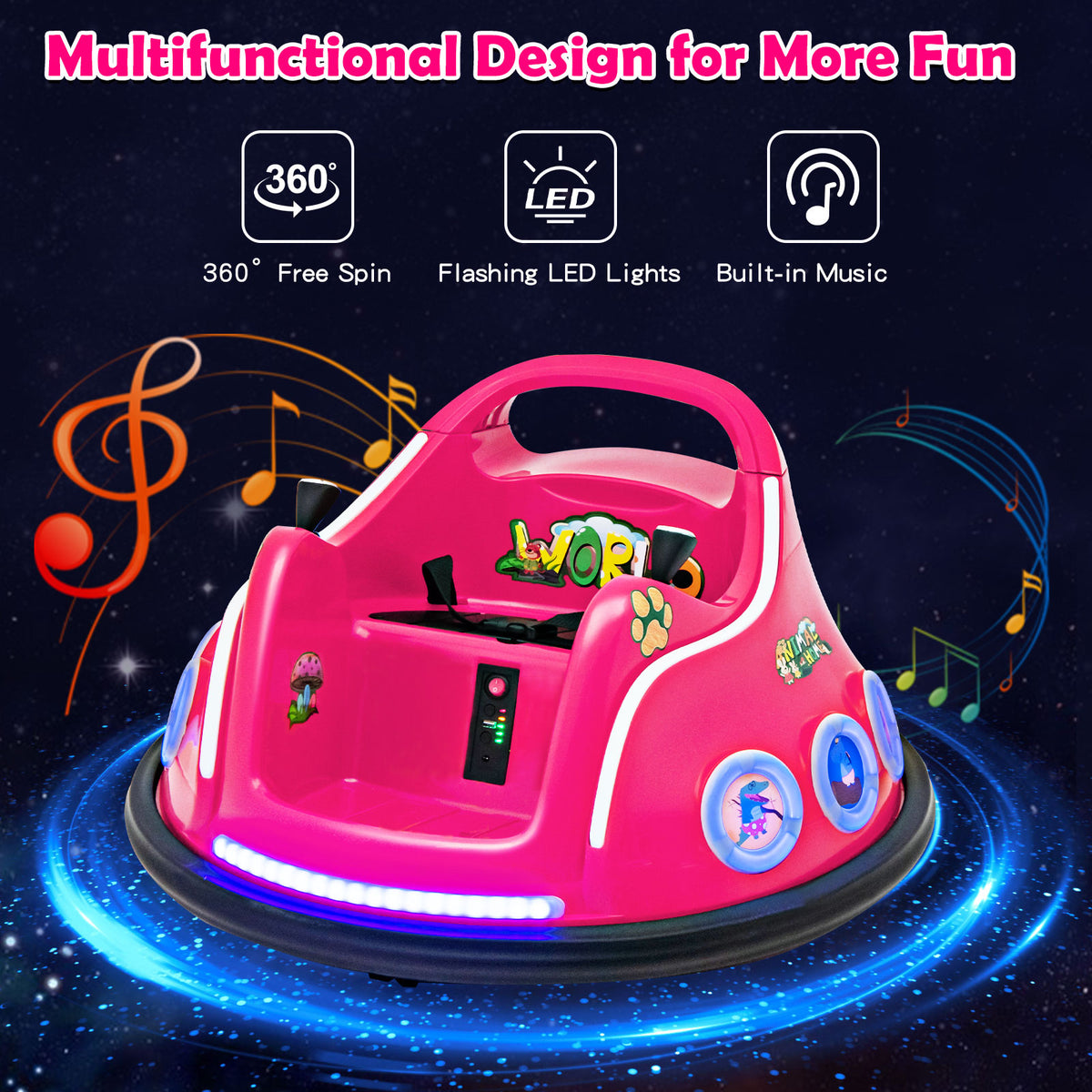 Pink kids electric car with 360 degree spin and LED lights