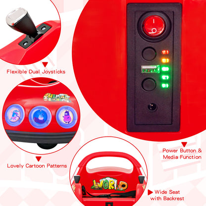 Close up of the red kids electric car controls and features including joystick and power button