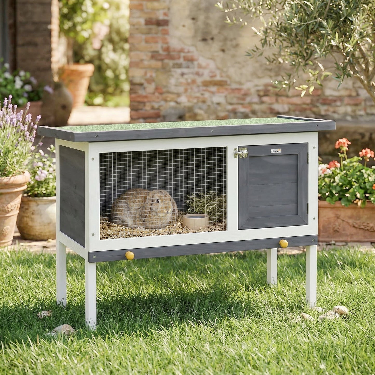 PawHut Wooden Rabbit Hutch, Guinea Pig Hutch with Asphalt Roof, Outdoor Elevated Bunny House for Rabbits, Chinchillas