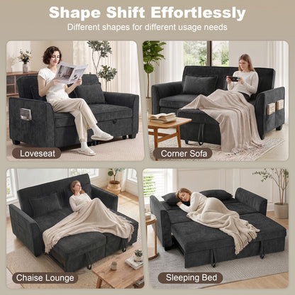 HOMCOM 2 Seater Sofa Bed, 4-in-1 L-Shaped Convertible Pull-Out Sleeper Sofa with Adjustable Backrest and Side Pockets, Black