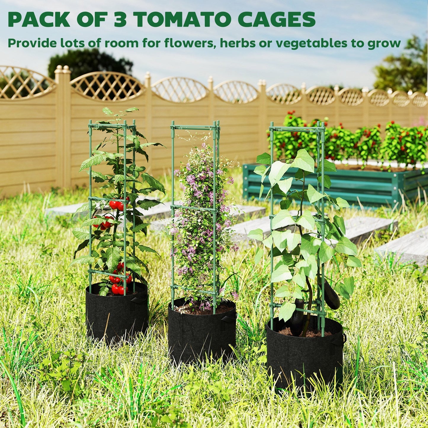 Outsunny 3 Packs Tomato Cages with 83.7L Grow Bags, 120cm Adjutstable Triangle Plant Stakes Support Trellis with Planter Bags