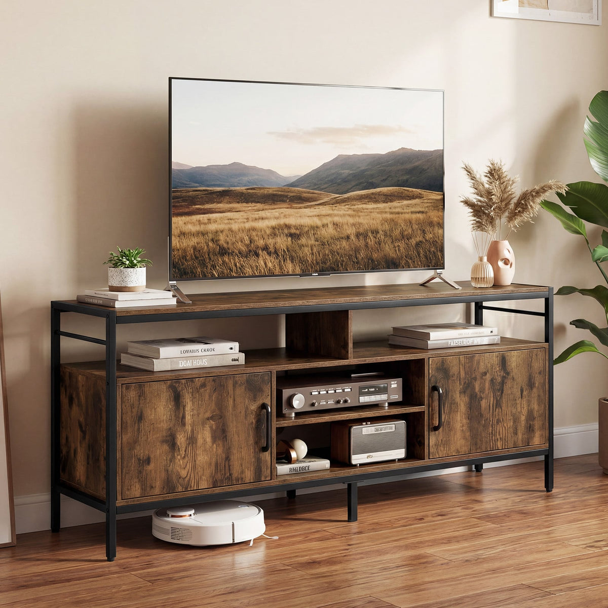 TV Stand for TVs up to 147 cm with 2 Storage Cabinets and 4 Open Shelves-Rustic Brown